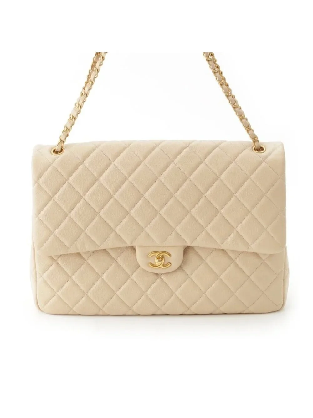 Chanel Jumbo Quilted Grain Calf Caviar Leather Chain Shoulder Bag Beige
